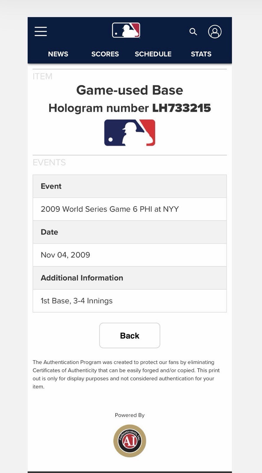 2009 World Series Game 6 – New York Yankees Game-Used Base MLB Auth Clinch Game!