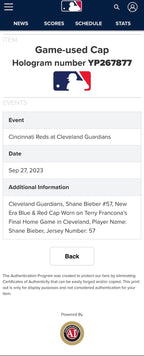 Shane Bieber Cleveland Guardians Game Used Hat 2023 5th Win MLB Auth LOA