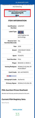 Ronald Acuna Jr. Atlanta Braves “MLB Debut / 1st Hit” Ticket Stub PSA Auth