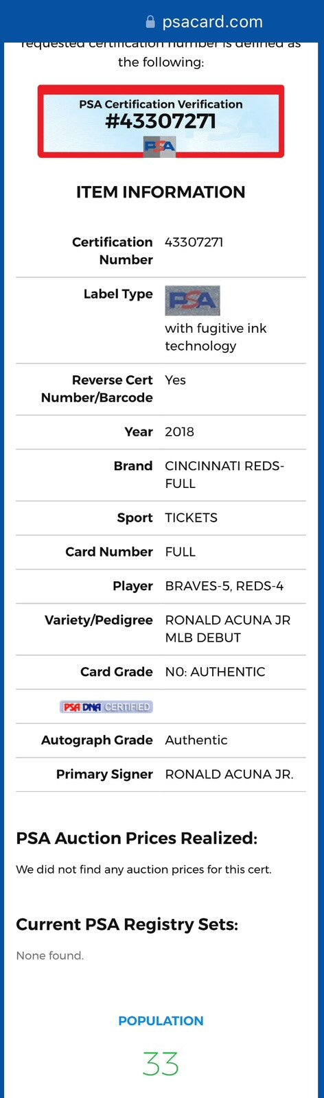 Ronald Acuna Jr. Atlanta Braves “MLB Debut / 1st Hit” Ticket Stub PSA Auth
