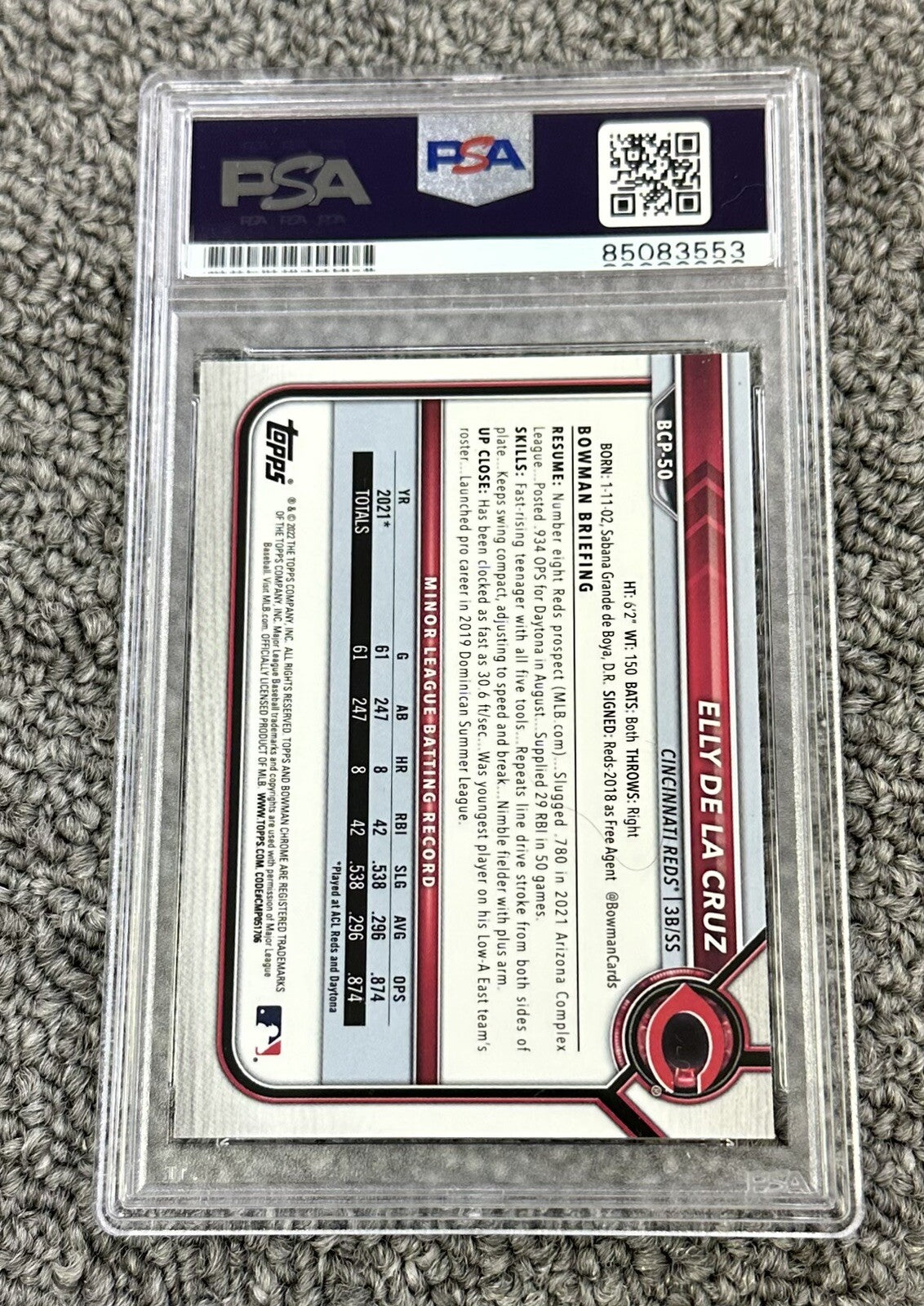 Elly De La Cruz 2022 1st Bowman Chrome Signed Card  #BCP-50 PSA/DNA 10