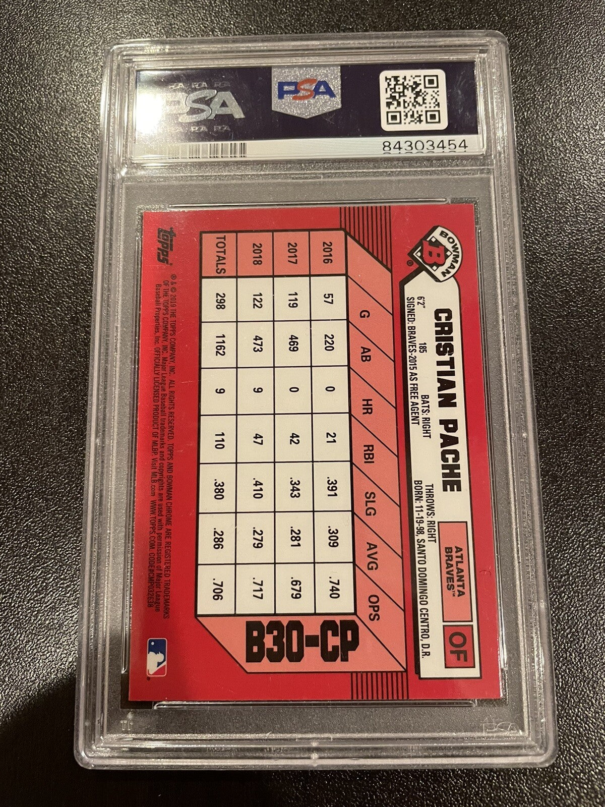 Cristian Pache Atlanta Braves Bowman 2019 B30-CP Auto PSA 10