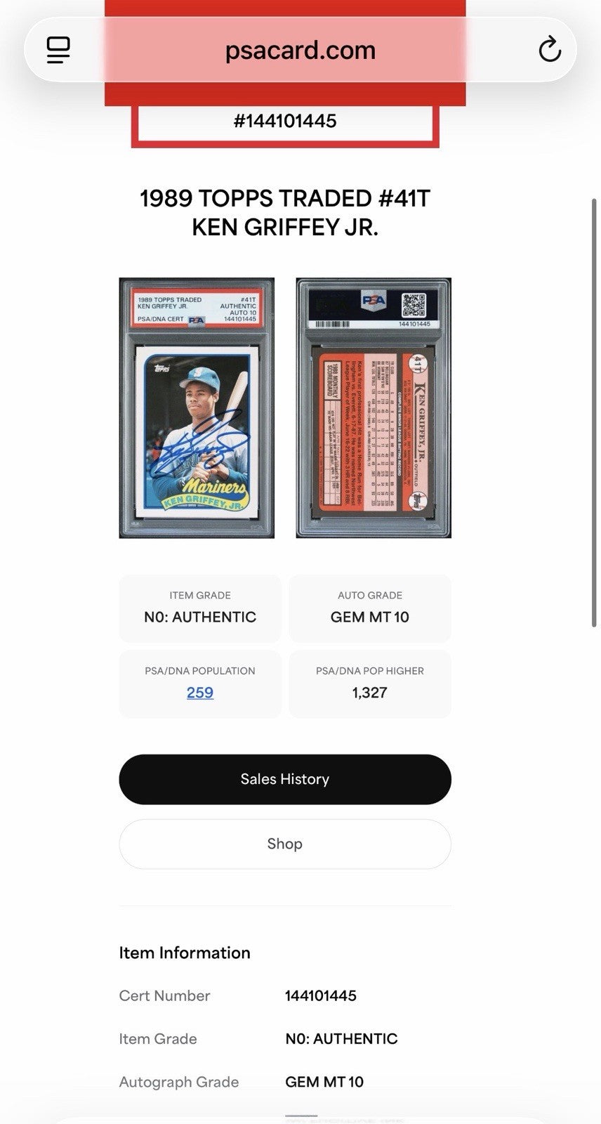 Ken Griffey Jr. 1989 Topps Traded #41T Signed Rookie Baseball Card Auto PSA 10