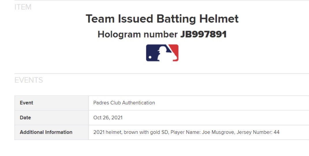 Joe Musgrove San Diego Padres Game Used Worn Helmet 2021 MLB Auth “Final Helmet”