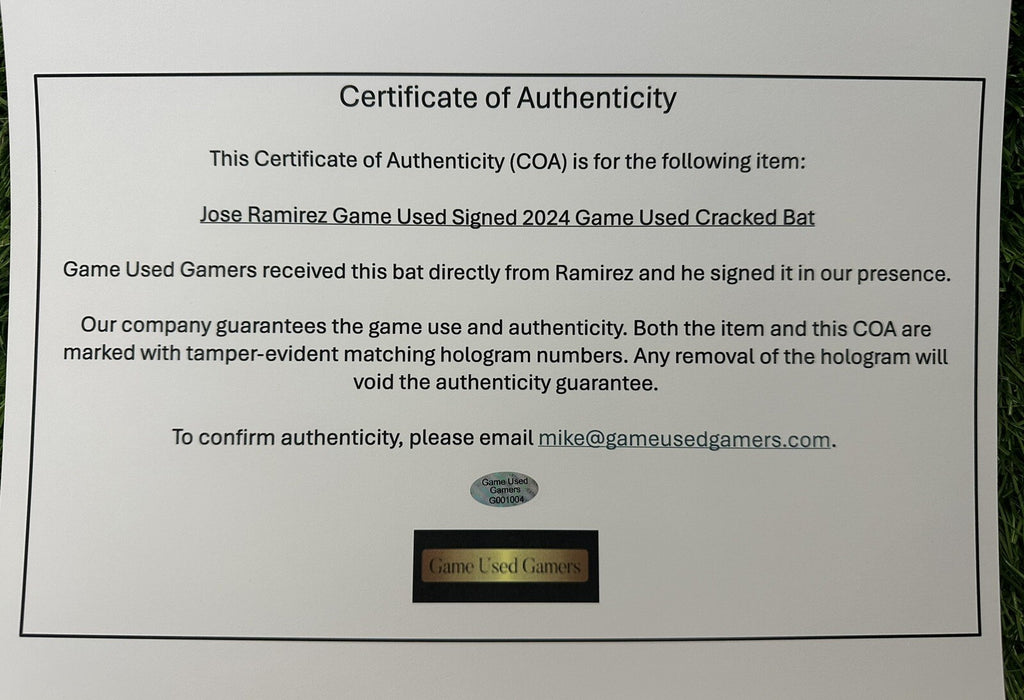 Jose Ramirez Cleveland Guardians Game Used Bat 2024 Signed MLB GUG Auth LOA