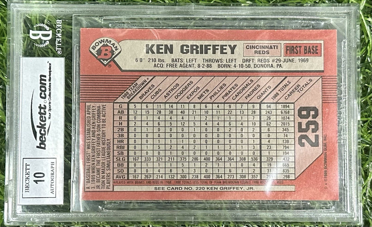 Ken Griffey Jr. & Griffey Sr. Signed 1989 Bowman Rookie Card 259 BAS 10 Grade