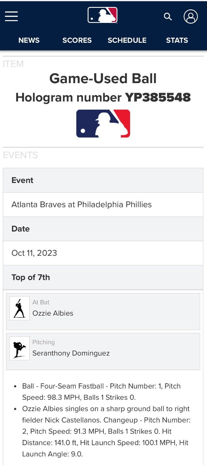 Ozzie Albies Atlanta Braves Signed Baseball NLDS Single 2023 MLB Auth