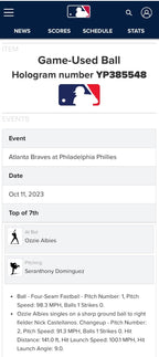 Ozzie Albies Atlanta Braves Signed Baseball NLDS Single 2023 MLB Auth
