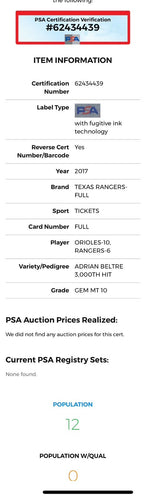 Adrian Beltre Texas Rangers 3000th Hit 7/30/2017 Full Ticket  PSA 10
