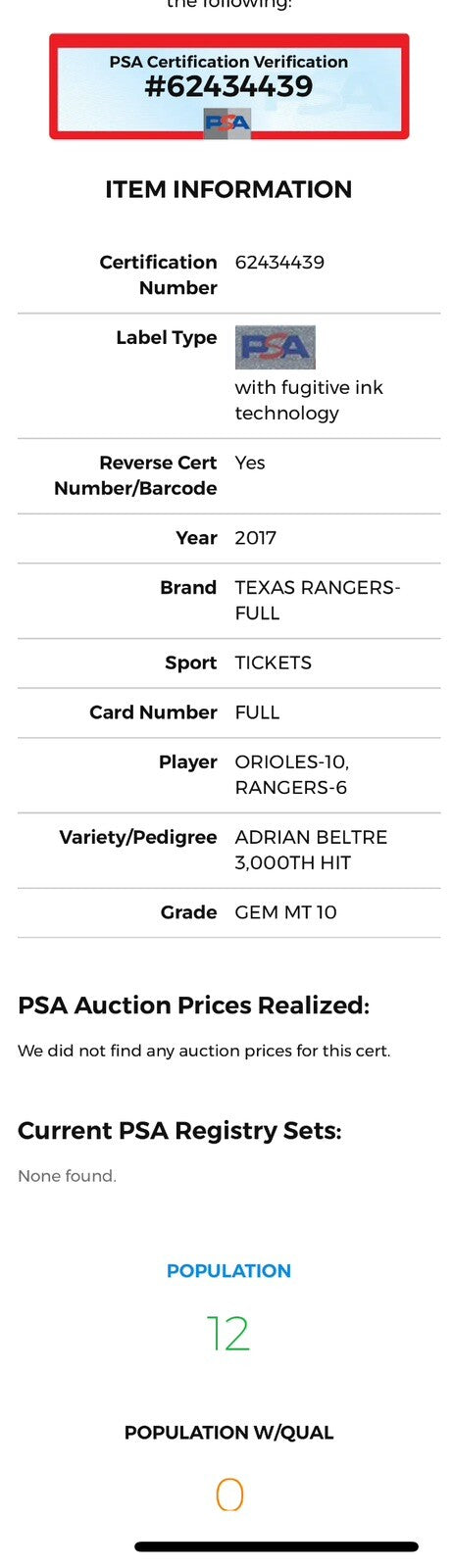Adrian Beltre Texas Rangers 3000th Hit 7/30/2017 Full Ticket  PSA 10