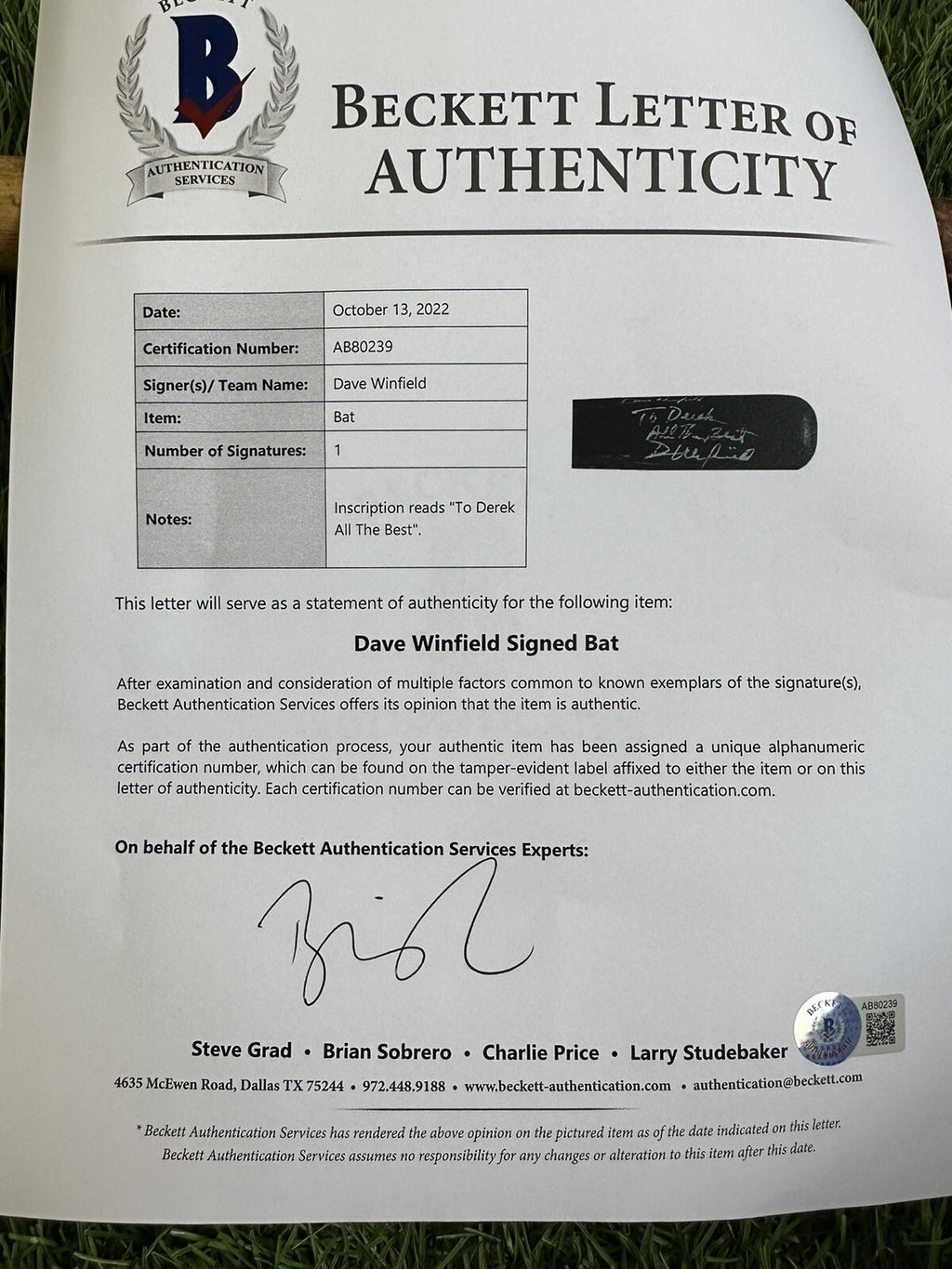 Dave Winfield Game Used Bat Signed 1990 PSA / DNA GU 10