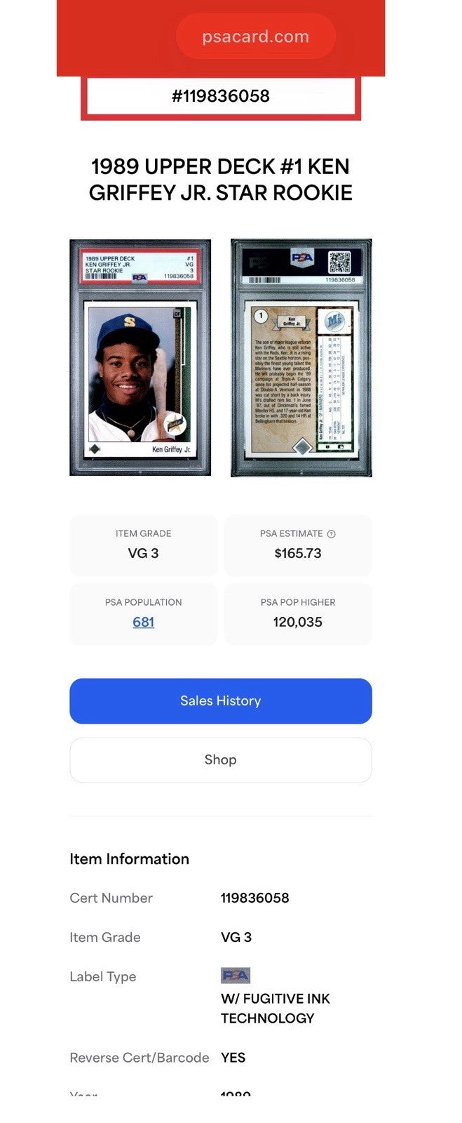 1989 Upper Deck #1 Ken Griffey Jr RC Star Rookie PSA / DNA 3 W/ Printer Error