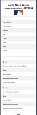 Luis Castillo Cincinnati Reds Game Used Jersey 2017 MLB Auth -  2nd Career Start