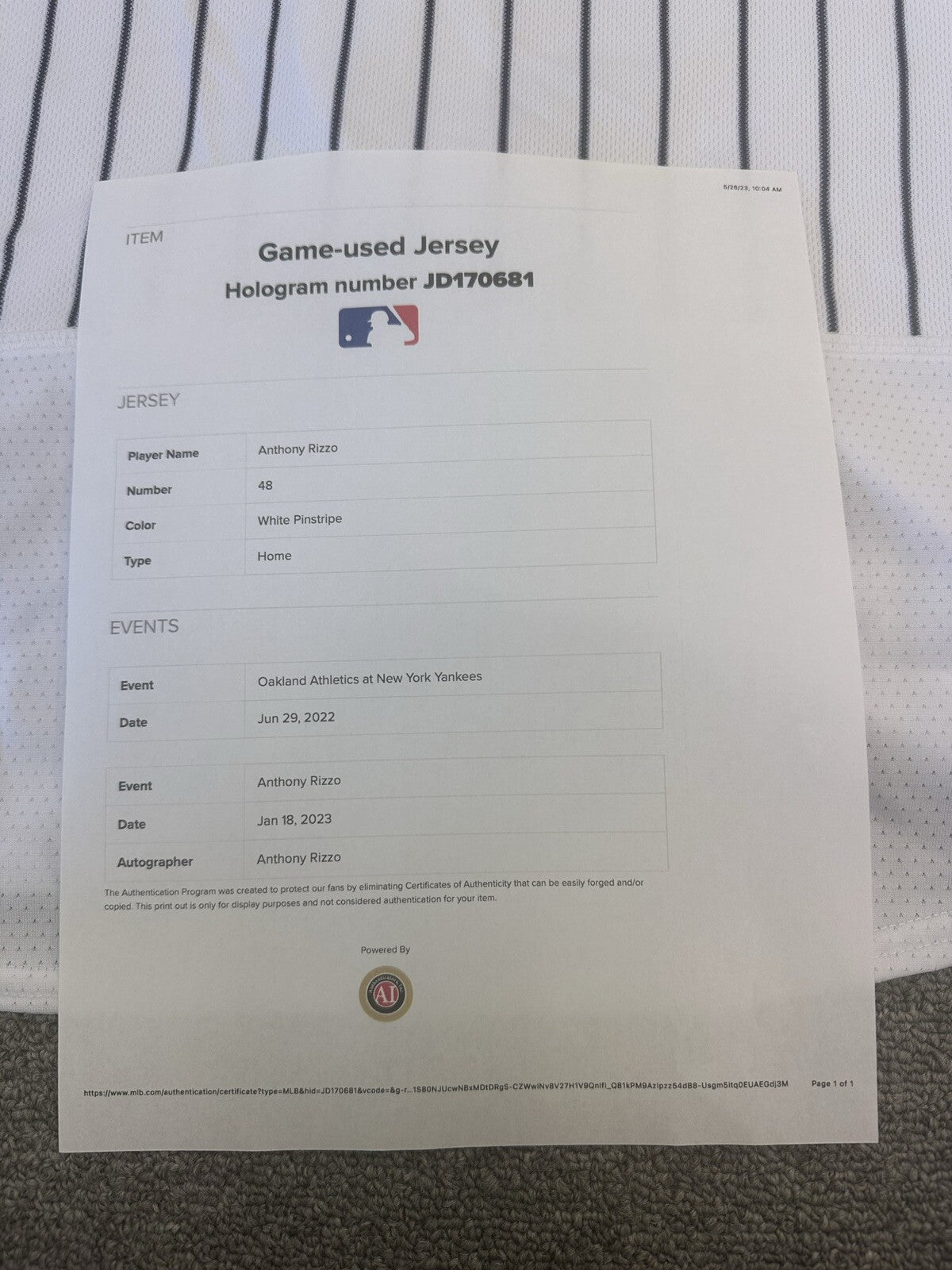 Anthony Rizzo New York Yankees Game Used Jersey “271st Career HR” MLB Auth