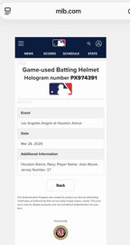 Jose Altuve Houston Astros Game Used Helmet 2026 Opening Day MLB Auth
