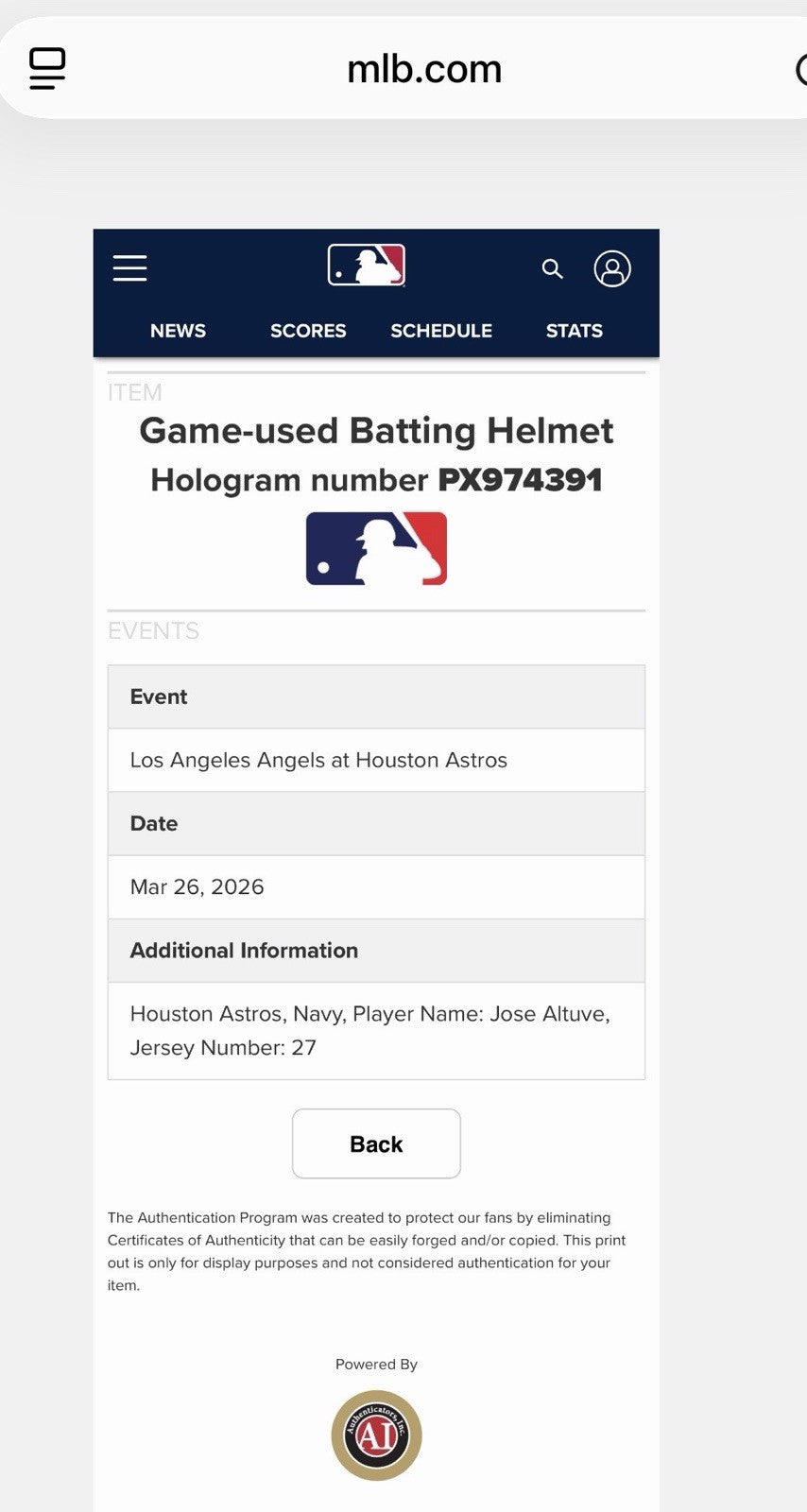 Jose Altuve Houston Astros Game Used Helmet 2026 Opening Day MLB Auth