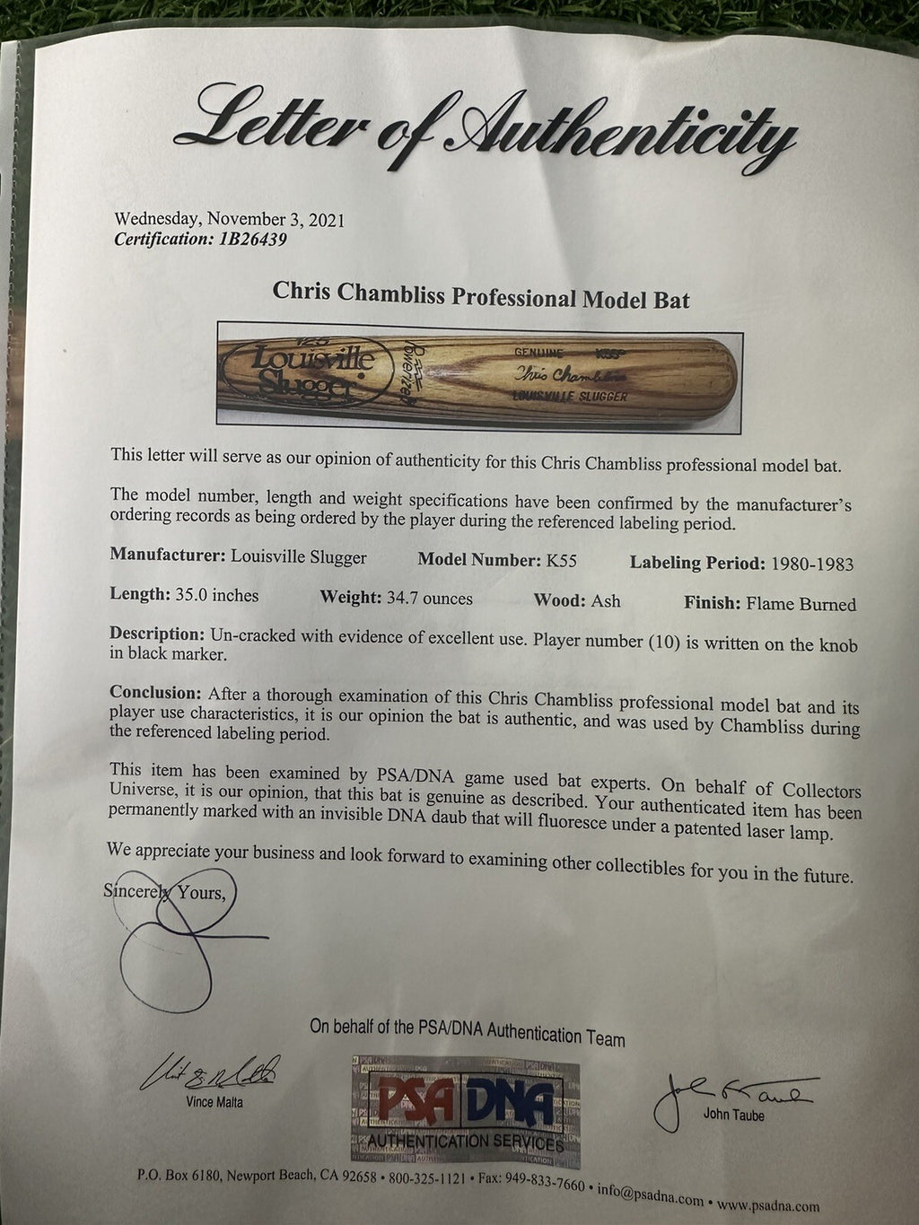 Chris Chambliss Atlanta Braves Game Used Bat 1980-1983 PSA/DNA LOA