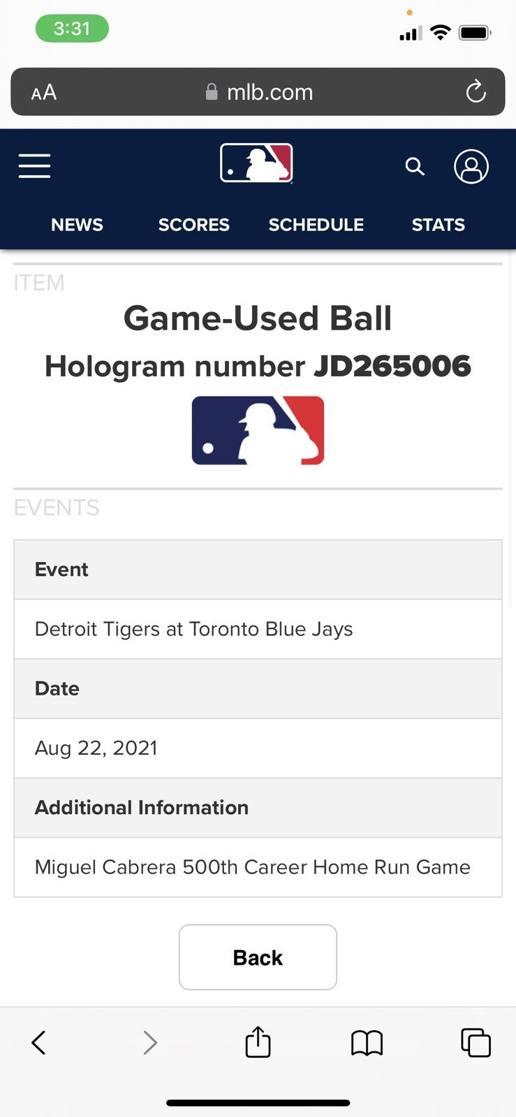 Miguel Cabrera Detroit Tigers Game Used Baseball “500th HR Game” MLB Beckett LOA