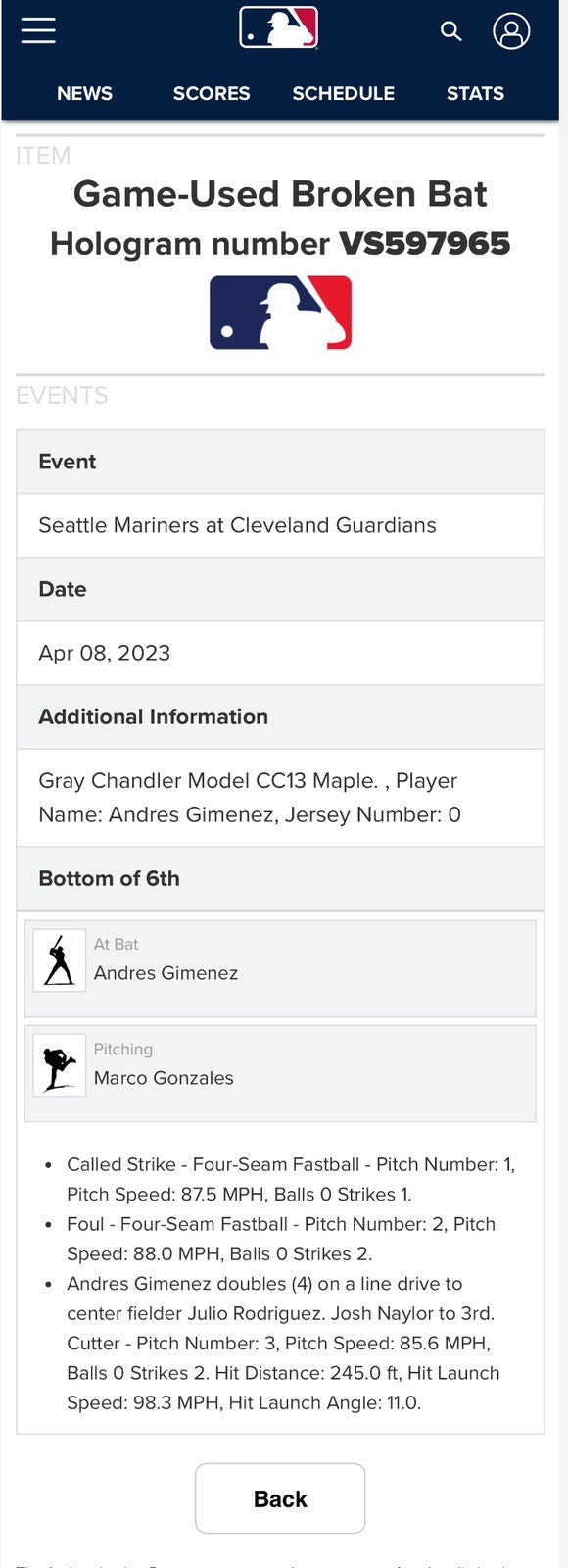 Andres Gimenez Cleveland Guardians Game Used Bat 2023 Double MLB Auth Signed