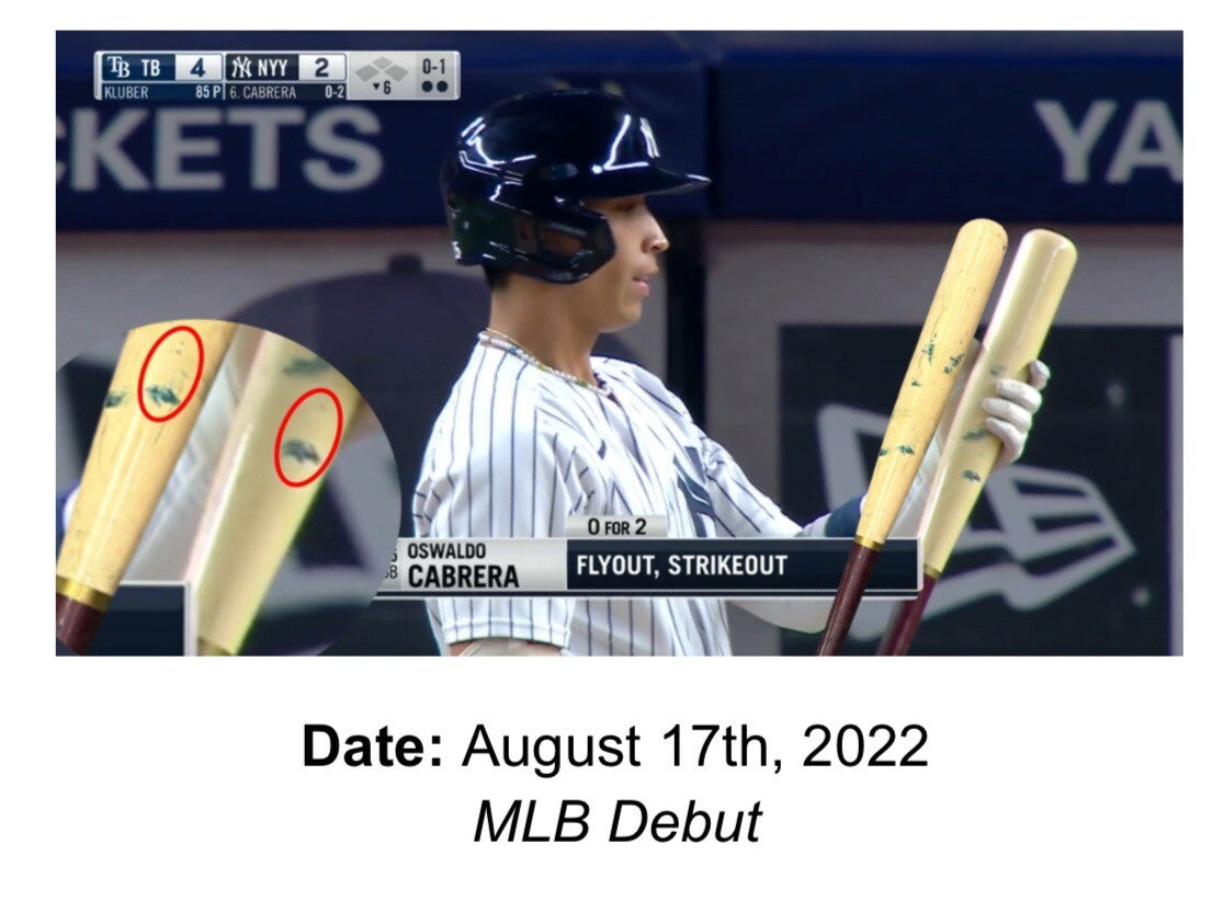 Oswaldo Cabrera NY Yankees Game Used Bat MLB Debut Hits # 1, 2, 3 MLB Auth