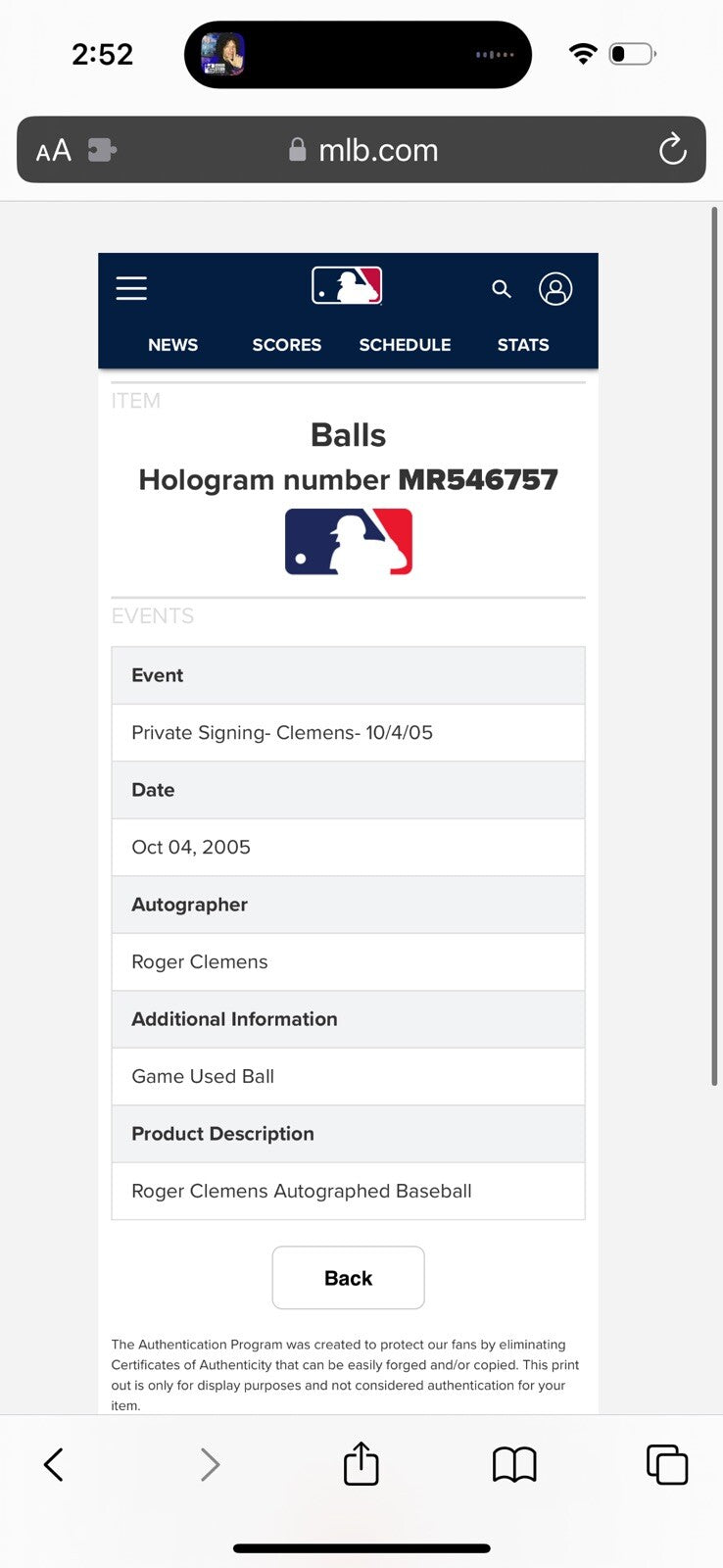 Roger Clemens Astros Game Used Baseball Career Win 334 6/22/05 MLB Auth LOA Auto