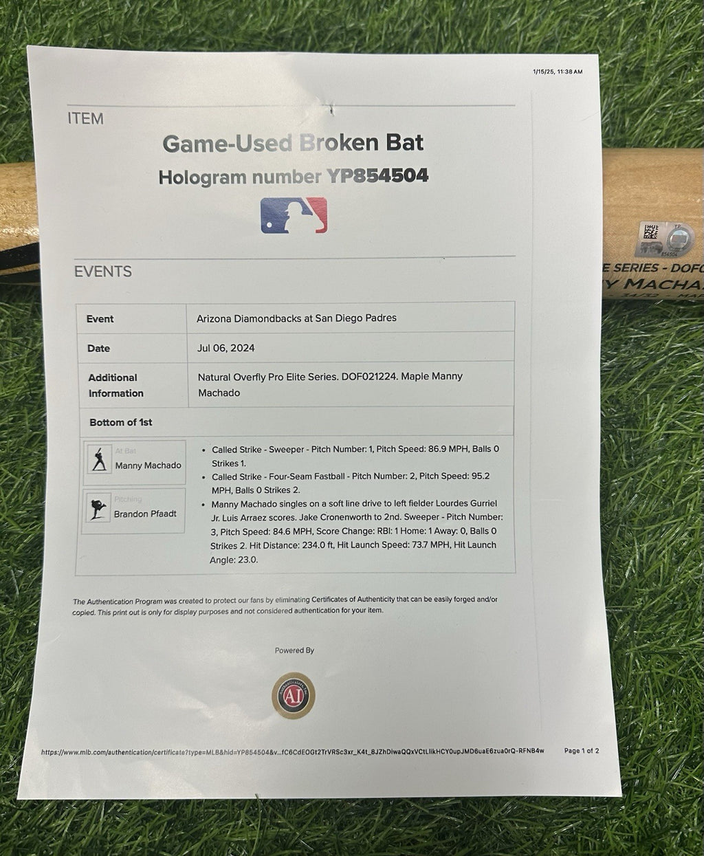 Manny Machado San Diego Padres Game Used Bat WALK OFF HR #325 MLB Auth