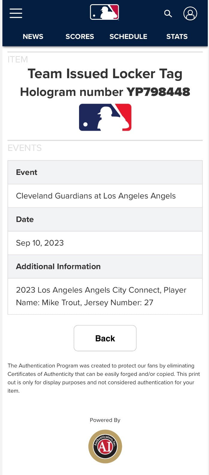 Mike Trout Los Angeles Angels Game Used City Connect Name Plate 2023 MLB Auth