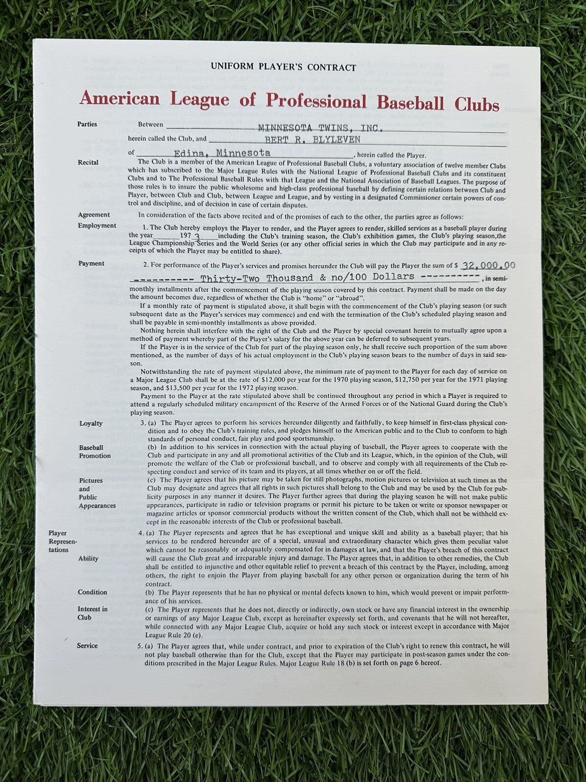 Bert Blyleven 1973 Minnesota Twins MLB Player Contract 1st ASG Year Blyleven LOA