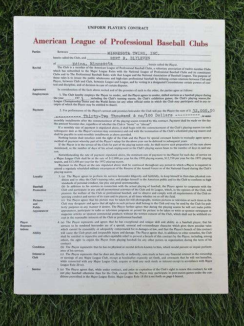 Bert Blyleven 1973 Minnesota Twins MLB Player Contract 1st ASG Year Blyleven LOA