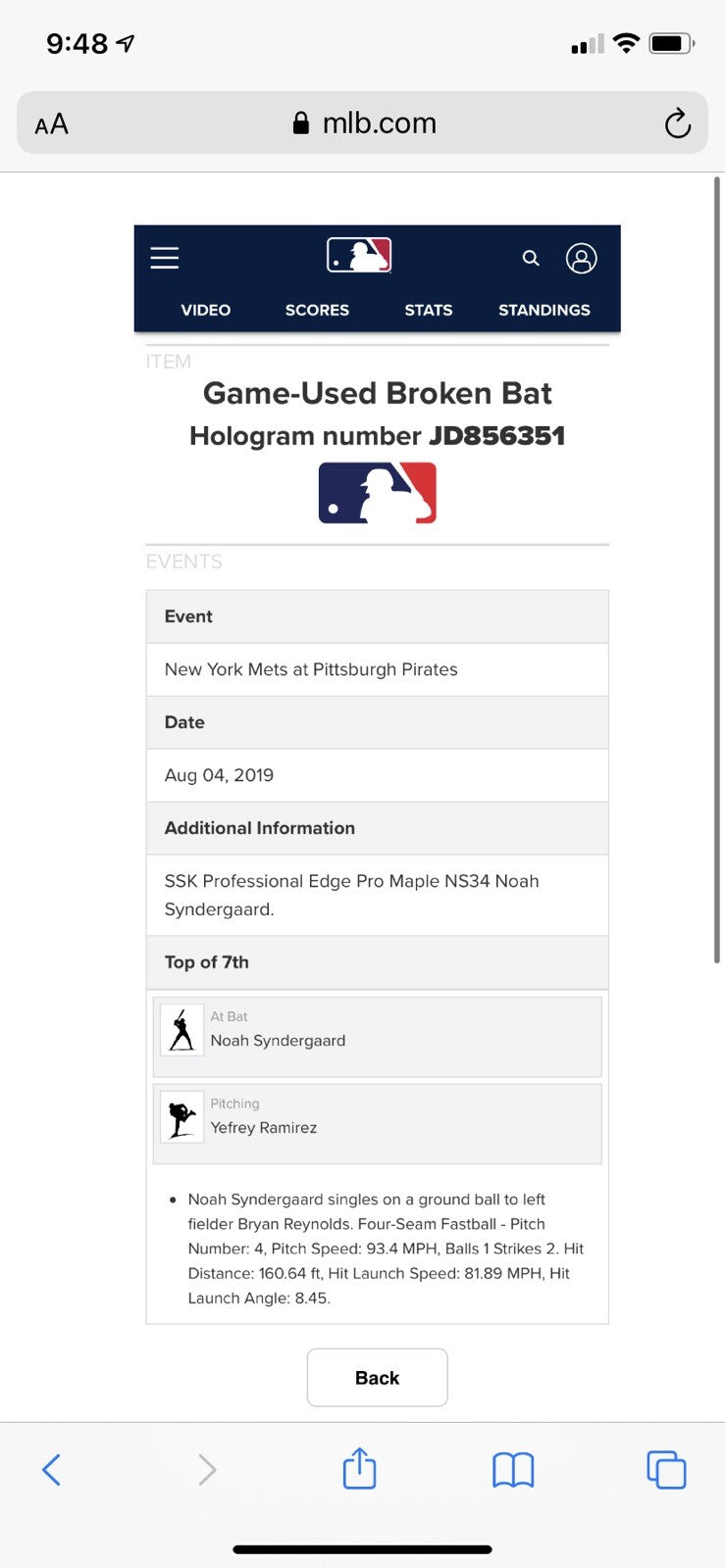 Noah Syndergaard New York Mets Game Used Bat 2019 MLB Auth “Single”