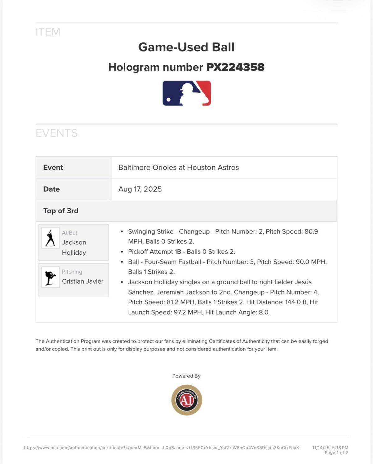 Jackson Holliday Baltimore Orioles Game Used Single 2025 MLB Auth