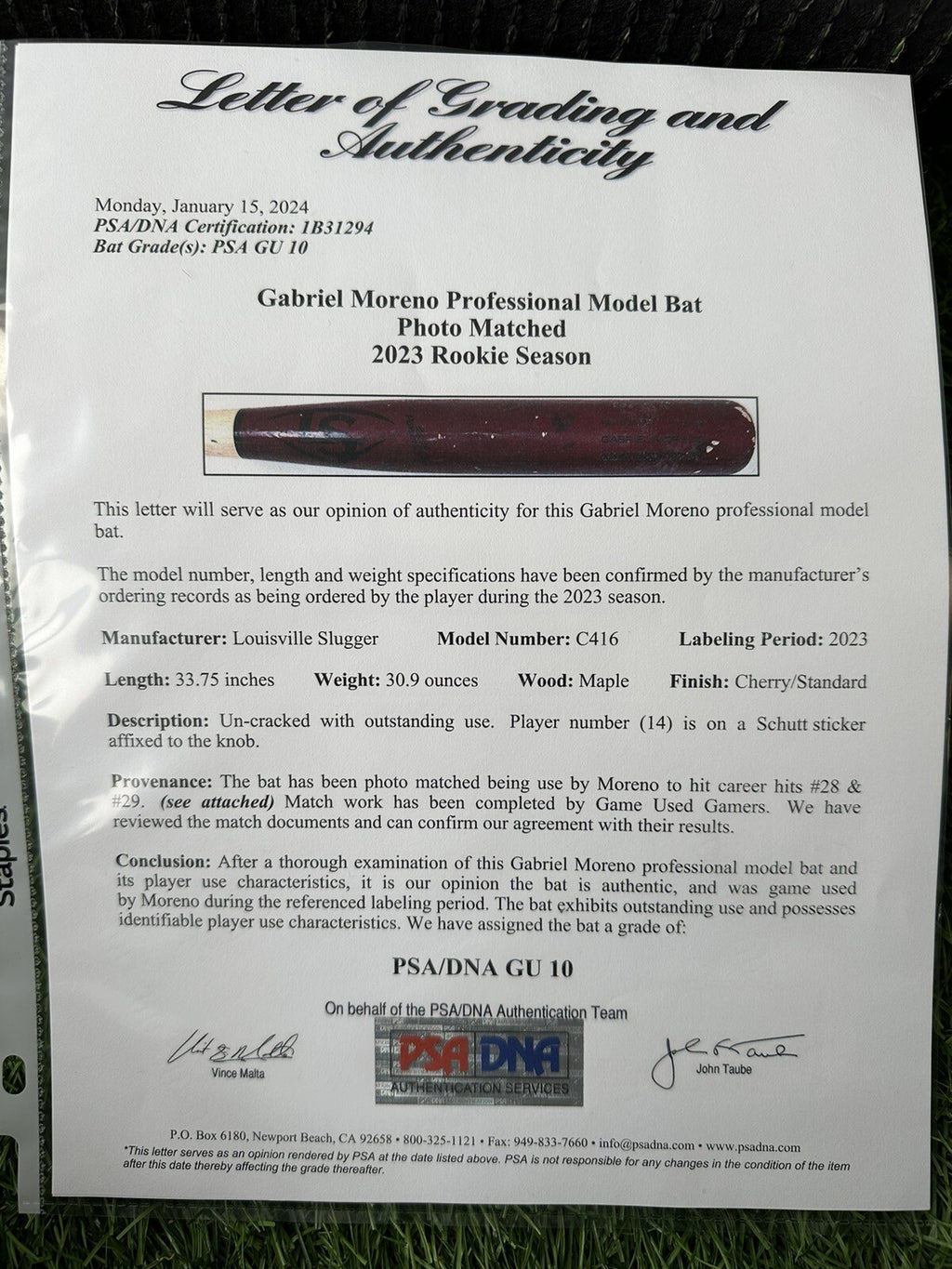 Gabriel Moreno Arizona Dbacks Game Used Bat 2023 Hits 28/29 PSA 10 LOA