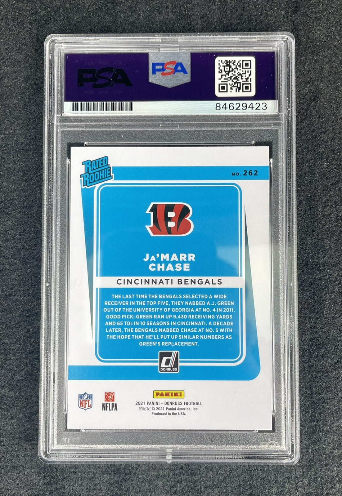 Ja’marr Chase Donruss Rated Rookie #262 Football Card Signed PSA 9 “Orange”