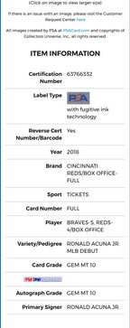 Ronald Acuna Jr. “MLB Debut / 1st Hit” Ticket Stub PSA/DNA 10/ 10 Signed POP 2!