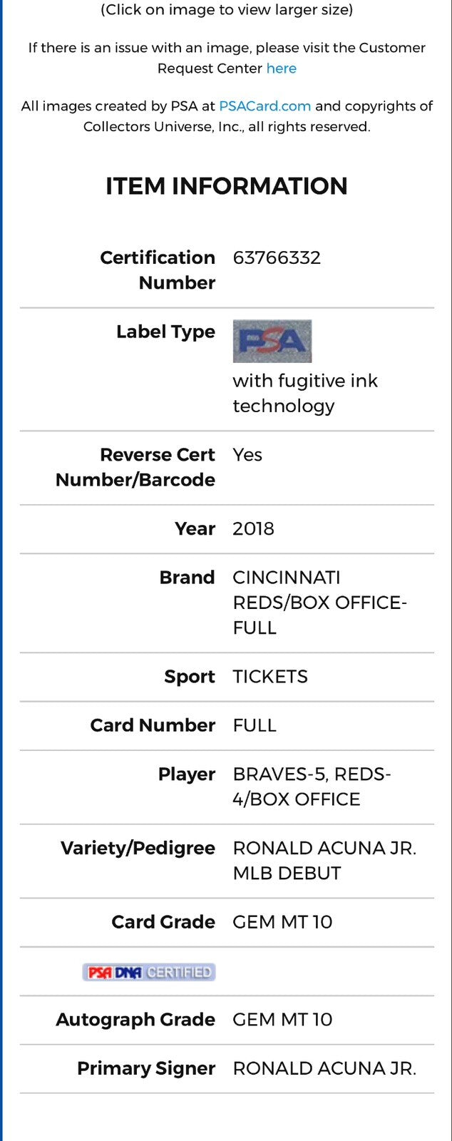 Ronald Acuna Jr. “MLB Debut / 1st Hit” Ticket Stub PSA/DNA 10/ 10 Signed POP 2!
