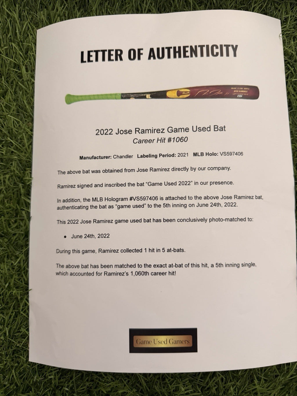 Jose Ramirez Cleveland Guardians Game Used Bat 2022 Signed MLB Auth Hit 1060 LOA