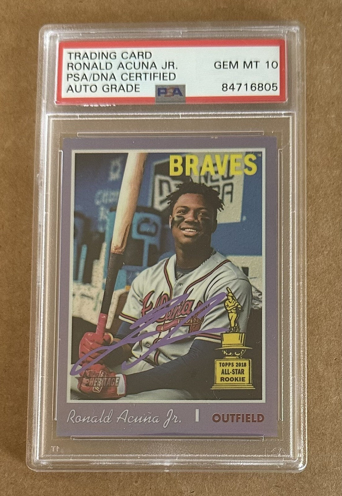Ronald Acuna Jr. Topps Heritage Chrome Purple Refractor #THC-500 Signed PSA 10