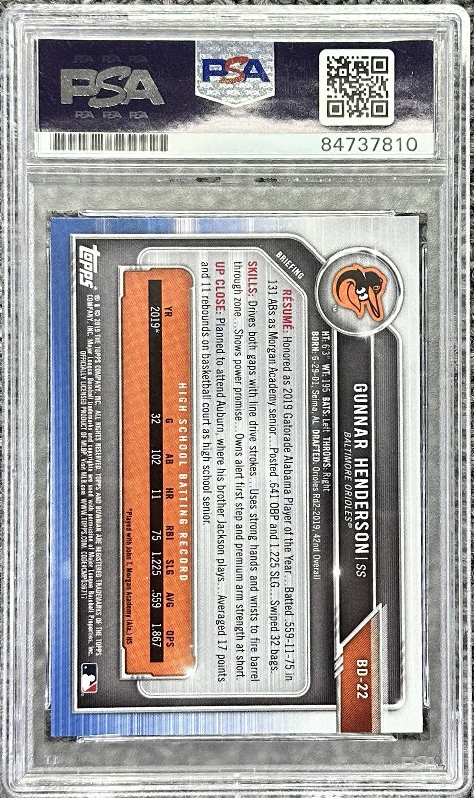 Gunnar Henderson 2020 1st Bowman Signed Rookie Card #BD-22 PSA/DNA 10 Auto