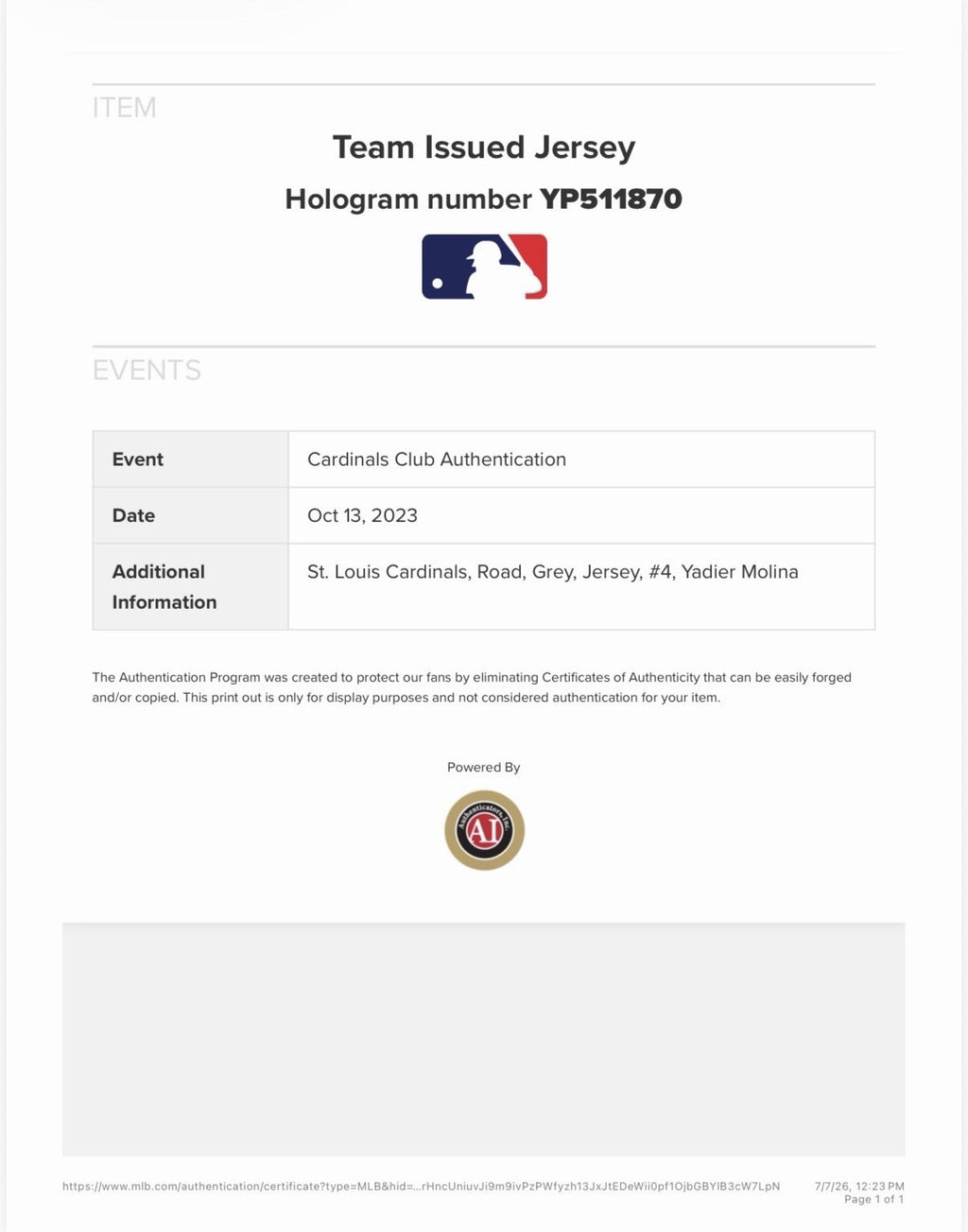Yadier Molina St. Louis Cardinals Team Issued Jersey 2022 Brock Patch MLB Auth