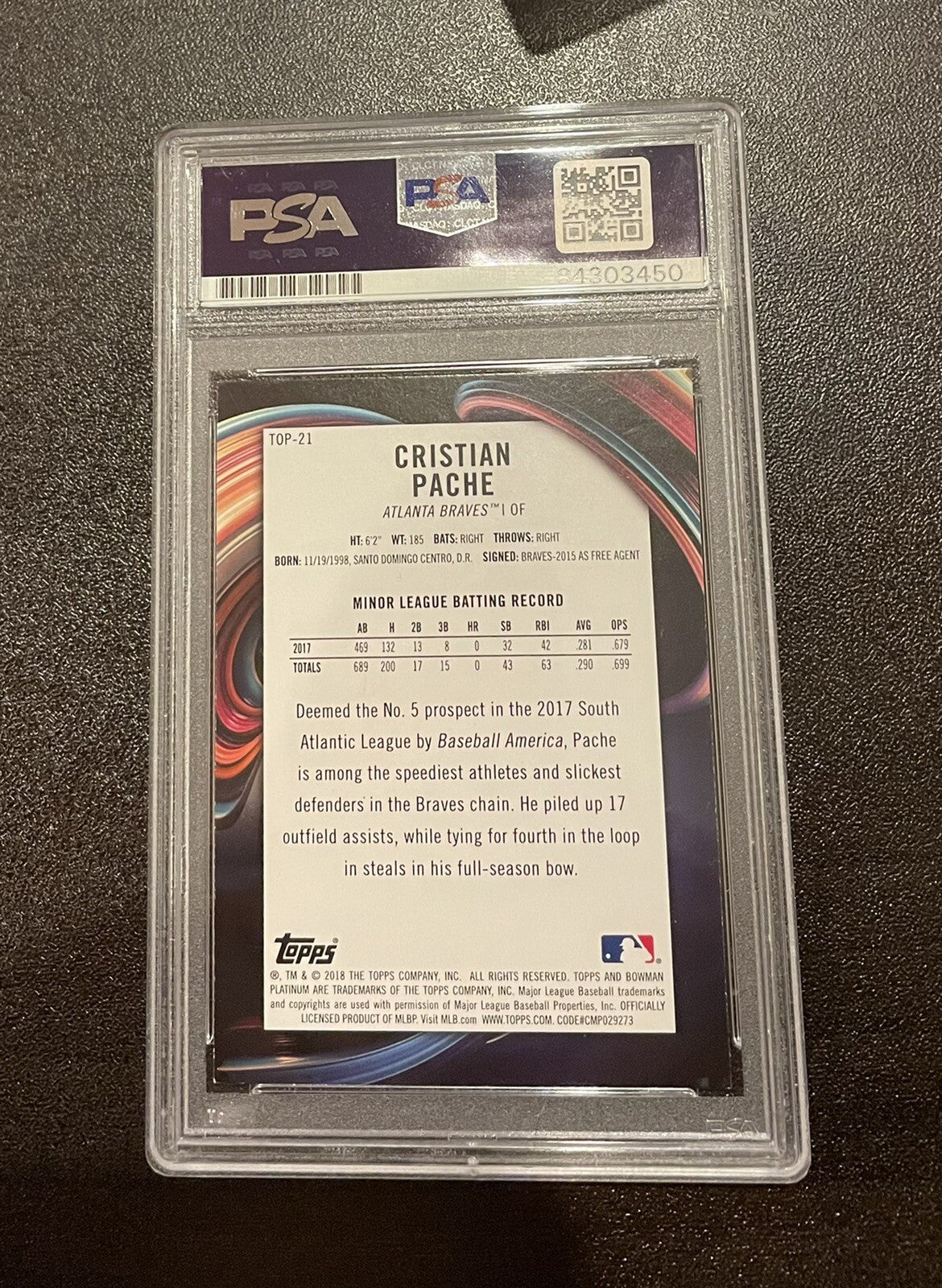Cristian Pache Atlanta Braves Bowman 2018 TOP-21 Auto PSA 10