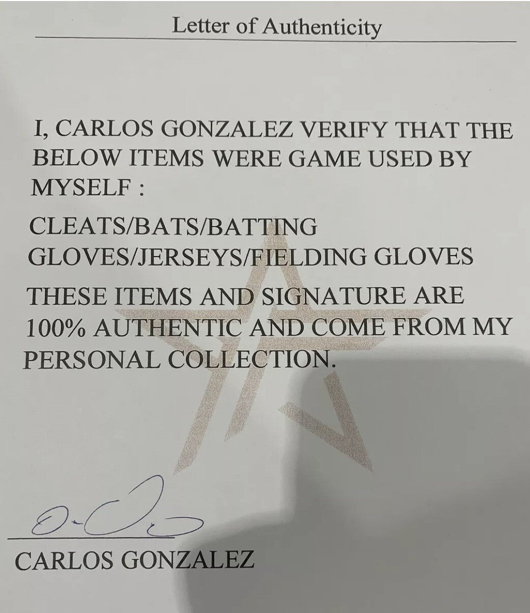 Carlos Gonzalez Colorado Rockies Game Used Cleats 2017 Excellent Use Cargo LOA