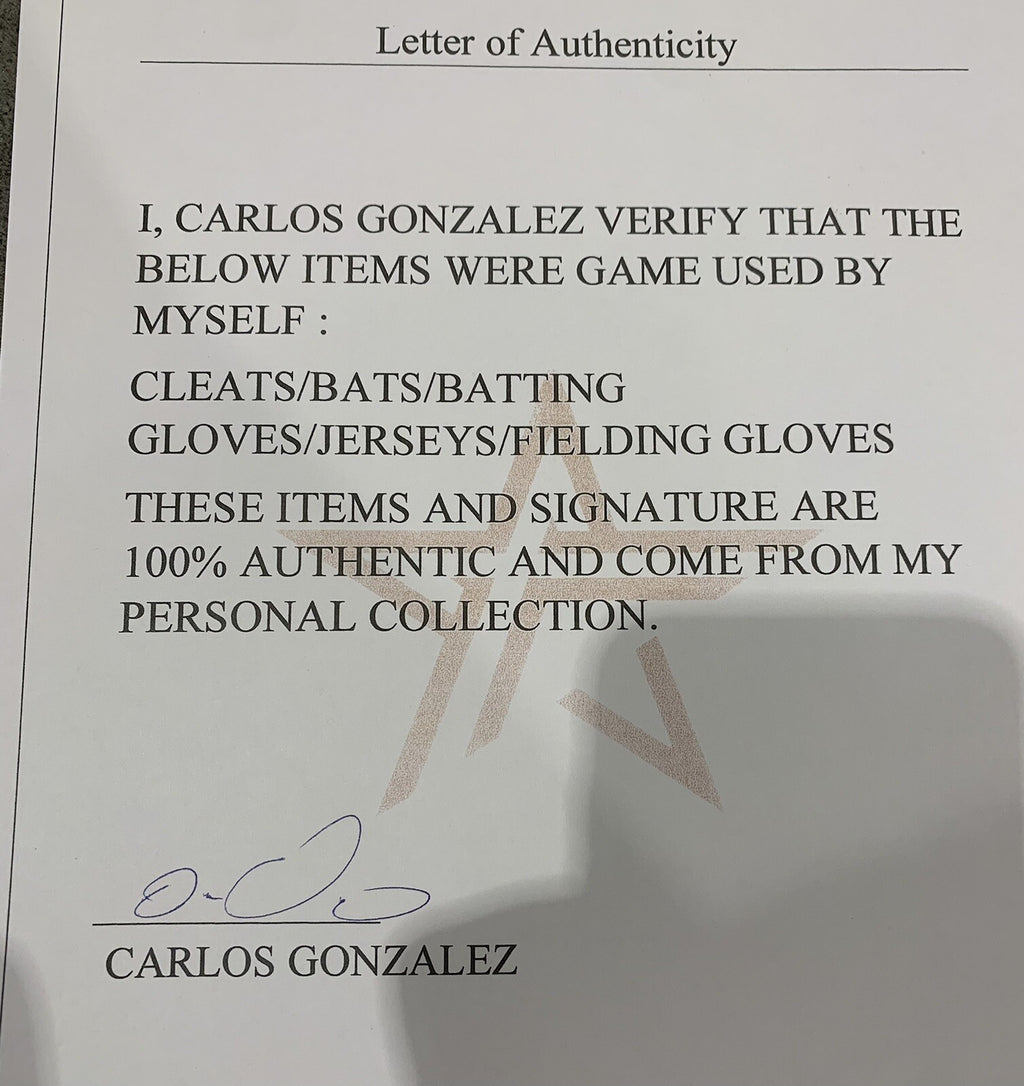 Carlos Gonzalez Colorado Rockies Game Used Cleats 2017 Mother’s Day Gonzalez LOA