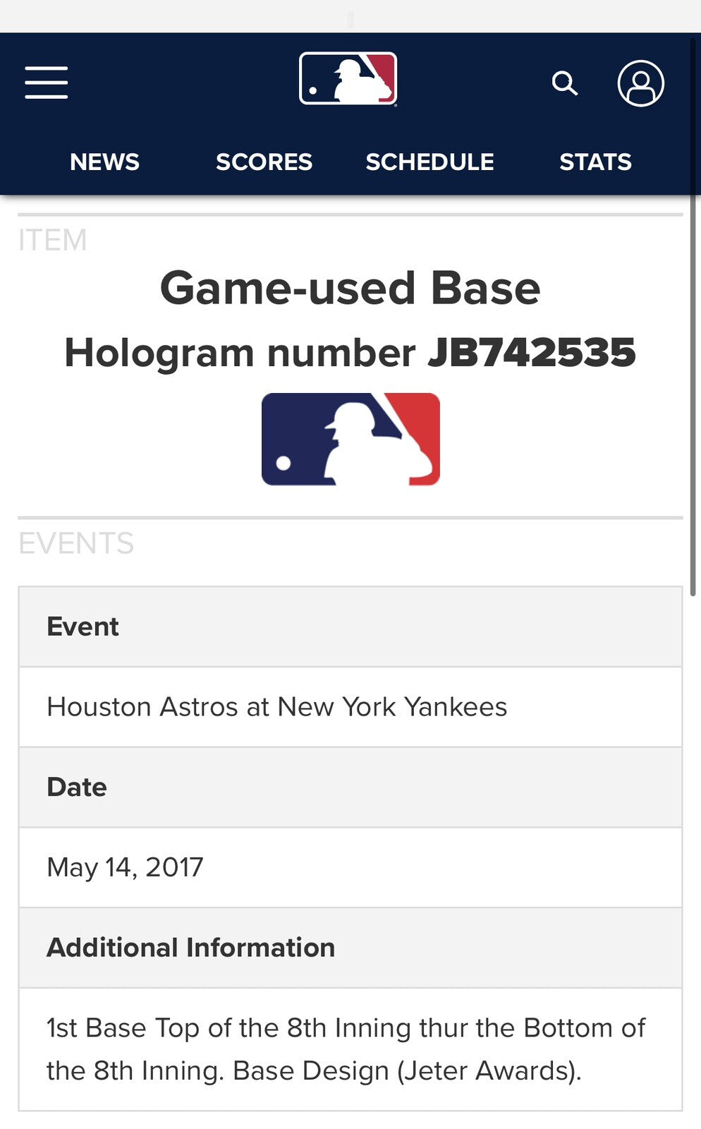 New York Yankees Game Used Base “Derek Jeter Day, 5/14/17” MLB Auth