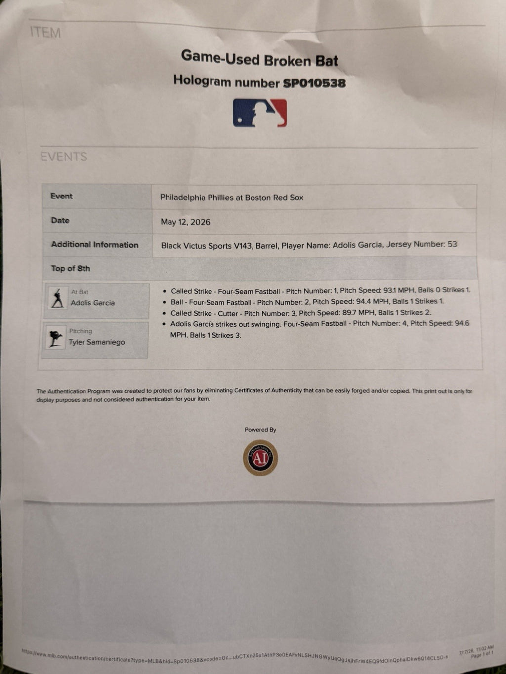 Adolis Garcia Phillies Game Used Bat 2026 Mlb Auth