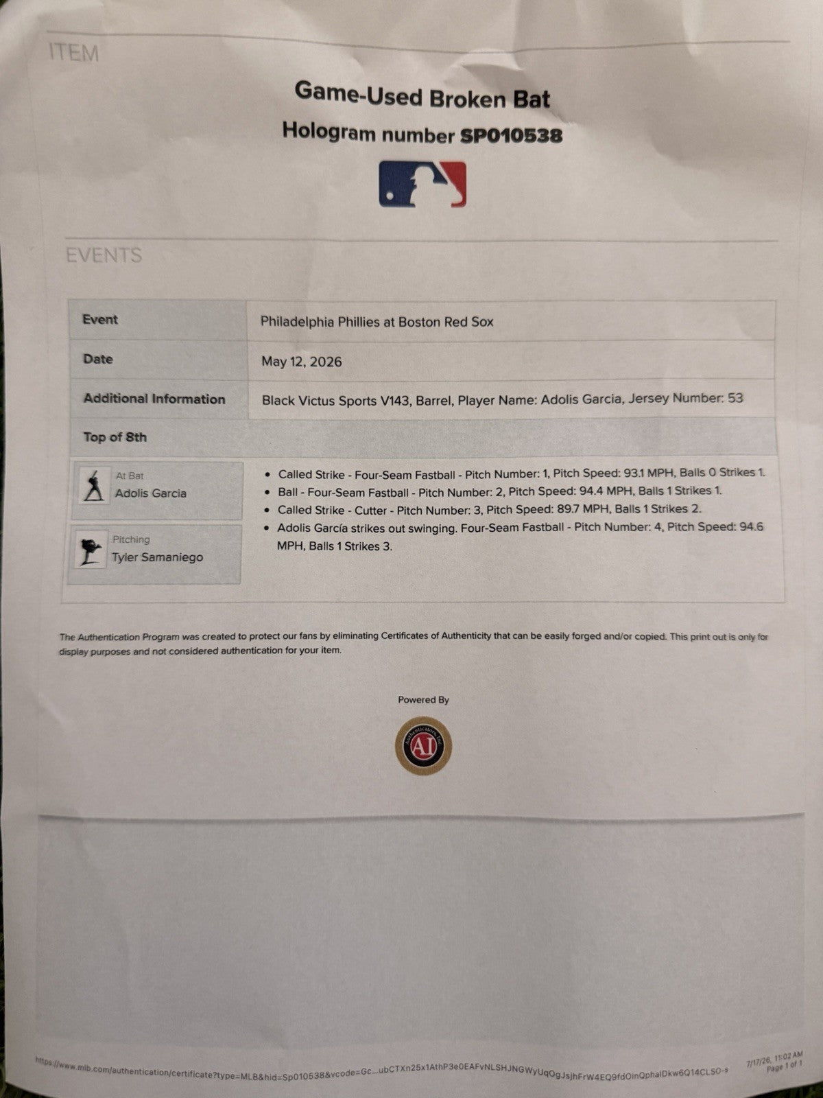 Adolis Garcia Phillies Game Used Bat 2026 Mlb Auth