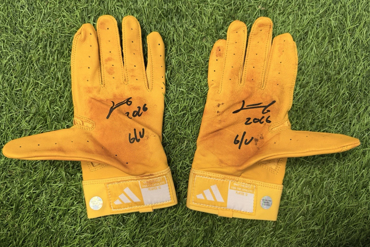 Junior Caminero Game-Used & Signed Adidas Yellow Batting Gloves – 2026 GUG LOA