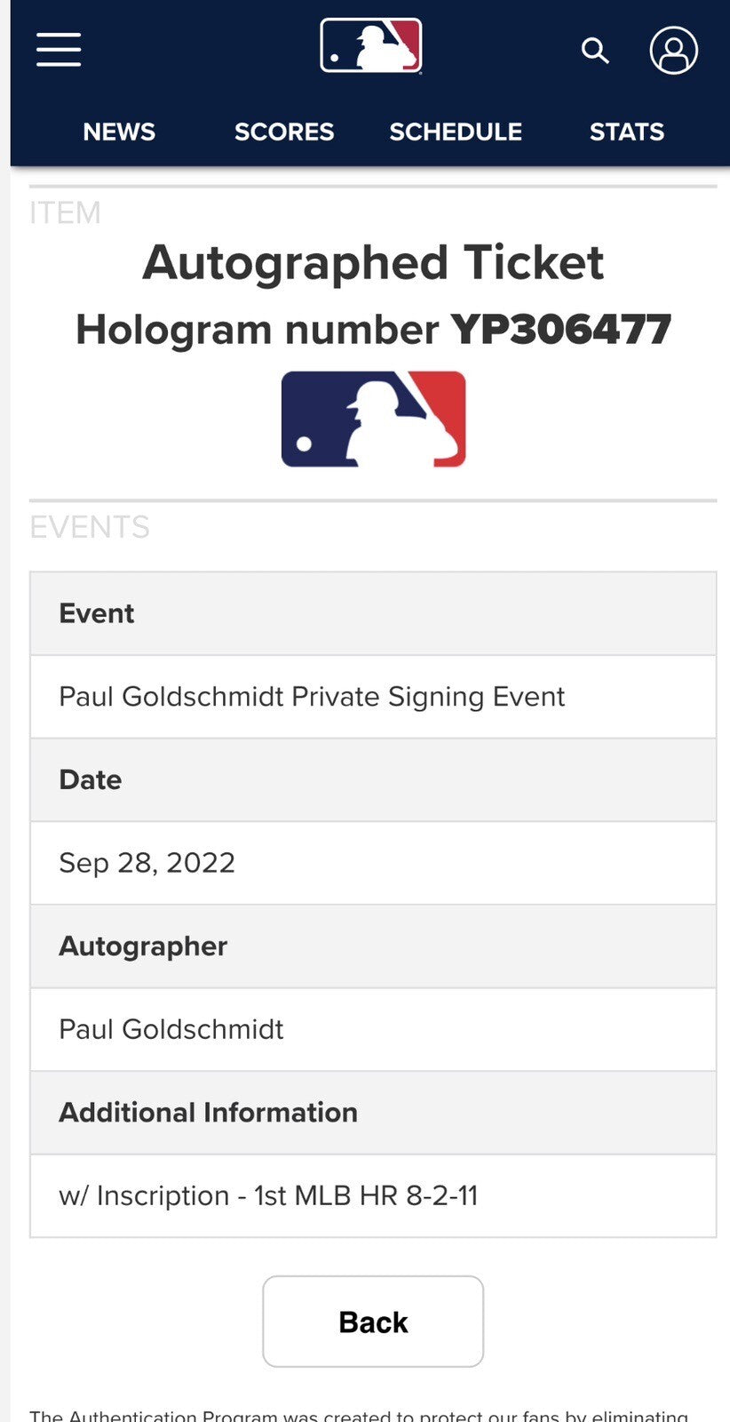Paul Goldschmidt Game Used Ticket “1st Career HR” BAS 10 Auth MLB Auth