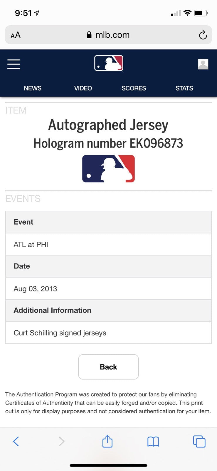 Curt Schilling Philadelphia Phillies Game Model Jersey Signed MLB Authenticated