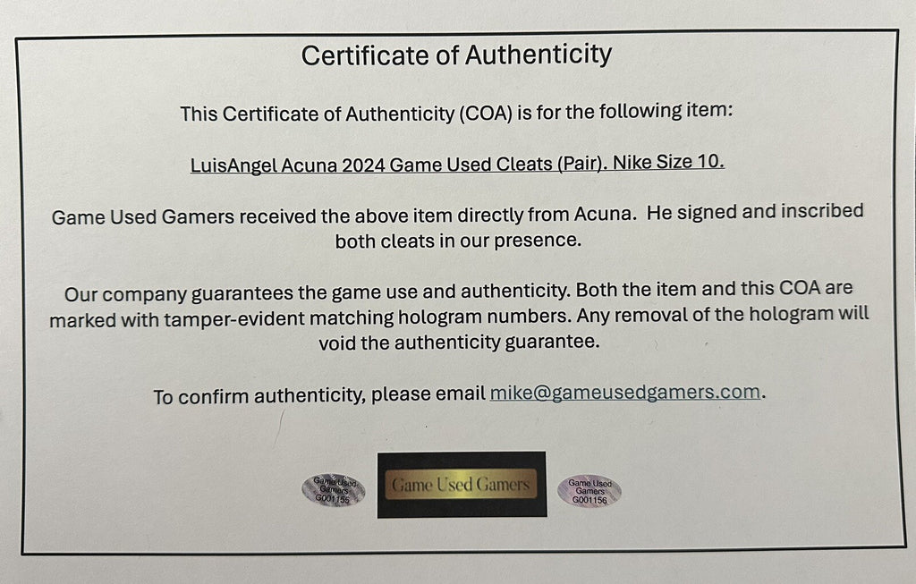 Luisangel Acuna New York Mets Game Used Cleats 2024 Auto Signed GUG LOA