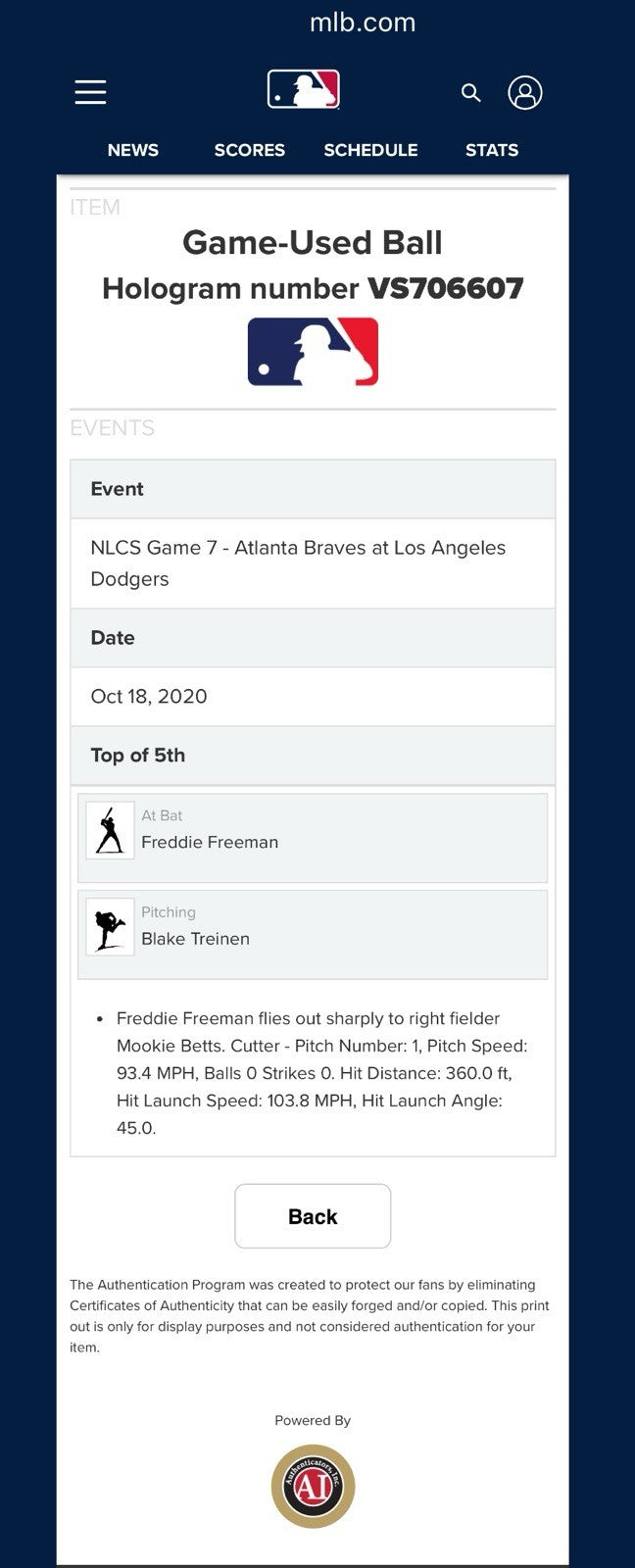 Mookie Betts 2020 NLCS Game 7 Robbed HR Baseball – Hit by Freddie Freeman  MLB